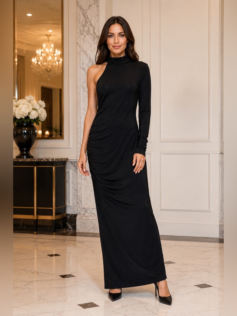 NWT Quiz Occasion Black One-Shoulder Ruched Maxi Dress US 12